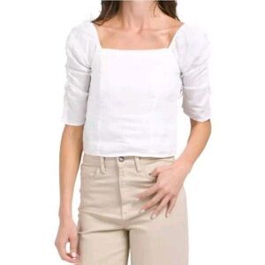 Rachel Zoe NWOT White 100% Linen Off Shoulder Top Blouse Shirt Size Medium‎